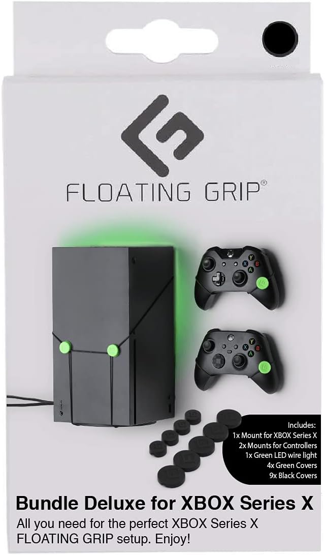 XBOX Series X Wall Mount system by FLOATING GRIP - Bundle Deluxe mounting kit for displaying XBOX Series X and 2x Controllers on the wall incl LED light and Cover Caps (Black)