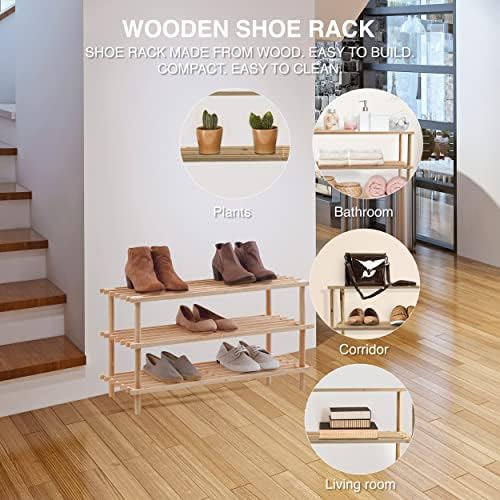 ABN Finest Wooden Shoe Rack 3 Tier Stand Holder Storage Unit Shelf Shelving Organizer Small Tall Narrow Slim Thin Stackable Under Stairs Porch