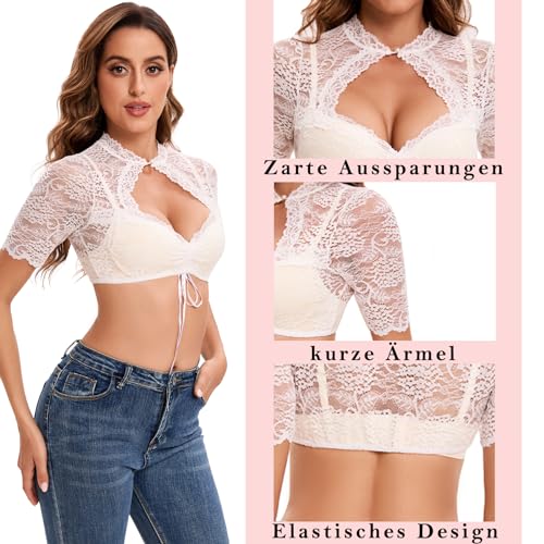 Goxozzy Dirndl Bluse Damen Oktoberfest Trachtenbluse Elegant Spitze Perlenknöpfe Weiß Schwarz Größen 34-44​ (DE/NL/SE/PL, Numerisch, 36, Regular, Regular, Weiß)