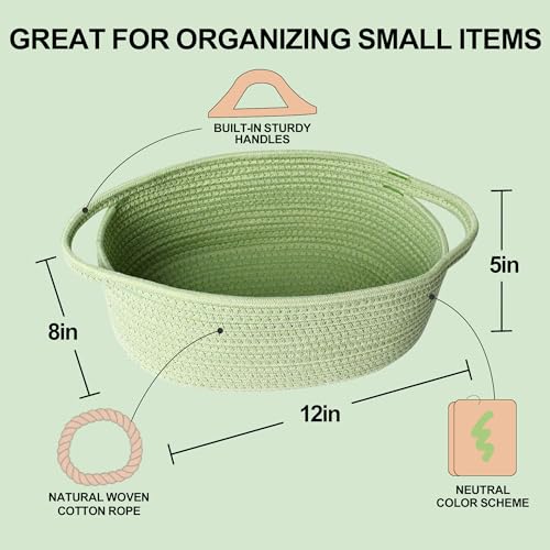 Image of Small Woven Gift Basket, Baskets for Gifts Empty, Cotton Rope Cat Dog Toy Bin Box, Nursery Baby Basket, Wicker Basket with Handles, Shelf Storage Basket for Home Decor, Green, 12 inchx 8 inchx 5 inch