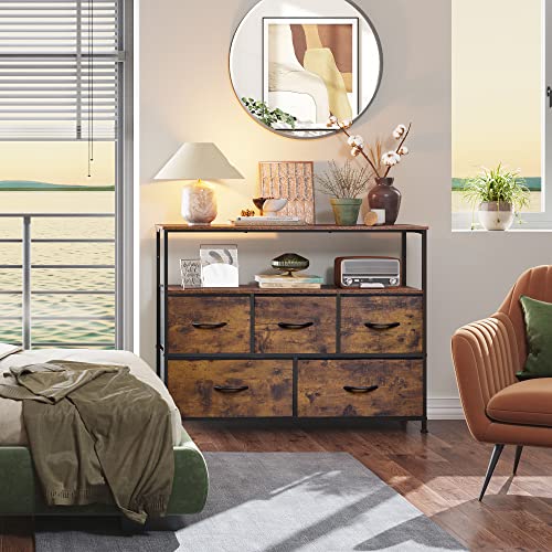 Wlive Dresser Tv Stand, Entertainment Center With Fabric Drawers, Media Console Table With Open Shelves For Tv Up To 45 Inch, Storage Drawer Unit For Bedroom, Living Room, Entryway, Rustic Brown #TOP1