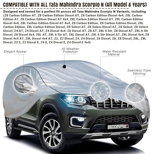 Image of Pivalo Car Cover for Scorpio N All Model & Years (2022-2025) 100% Waterproof with Mirror Pockets, Triple Stitched Bottom Elastic Dustproof Full Body Protection (Heat & UV Resistant, Silver)