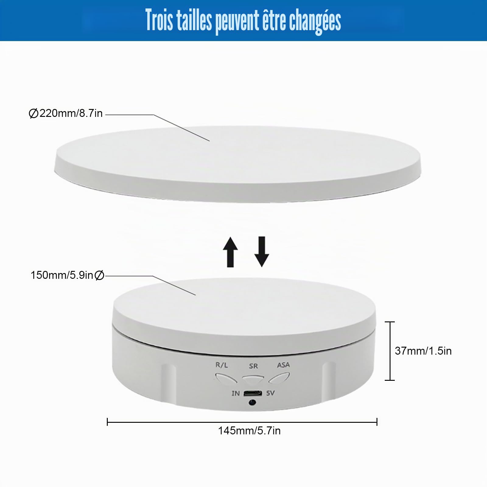 Plateau tournant électrique 2 en 1 de 22 cm, plateau rotatif automatique à 360 °, rotation silencieuse avec télécommande, 8 kg, plateau tournant électrique pour photographie (blanc, L)