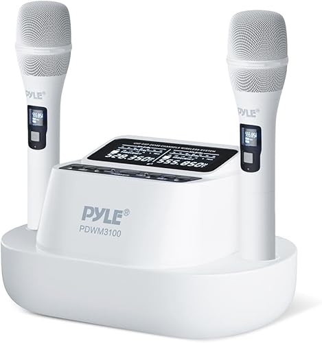 Pyle Sistema de micrófono inalámbrico UHF con micrófonos de mano duales, recargable por USB, receptor de frecuencia fija Bluetooth, audio DSP de