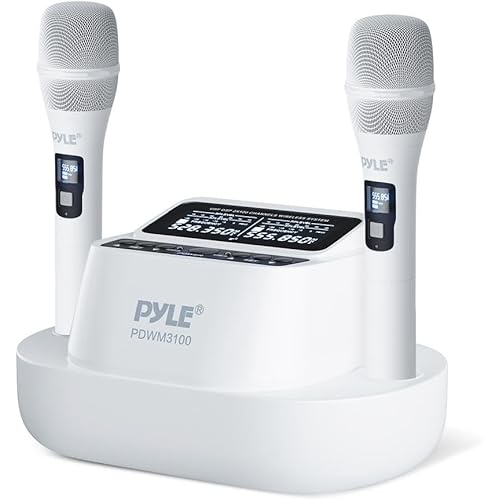 Pyle UHF Wireless Microphone System with 2 USB Rechargeable Mics, Anti-Jamming, High-Fidelity, Fixed Frequency, Ideal for Karaoke, Conferences, Offices and Professional Audio Performances