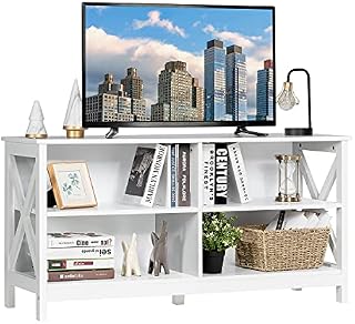CASART TV Console Table, Wooden TV Stand with Storage Shelves, 3-Tier Entertainment Center for Home, Office (White)