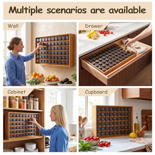 Image of Mifoci 60 Jars Bamboo Spice Rack Organizer, Wall Mounted or Countertop | 6 Tier Seasoning Organizer, Standing Spice Rack with 432 Label, Kitchen Organizer for Counter Cabinet, with Marker and Funnel