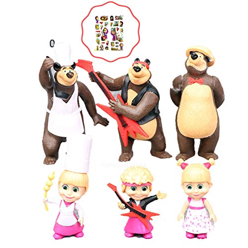 Masha and the Bear 6PCS Toy Play Figures Set | Cake Topper | Bonus Stickers Included ToysoutletUSA