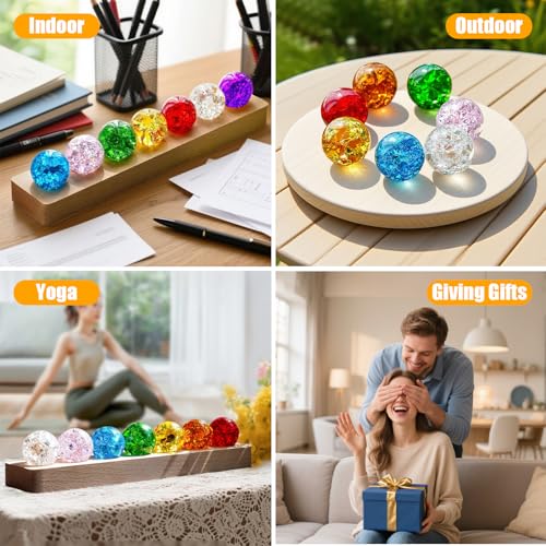 Ruiqas 7 Farben Glaskristallkugeln, 3D Kristallkugel Nachtlicht,EIS Meditation Chakra Kristallkugeln mit LED Holzsockel für Heimdekor Wohnzimmer Schlafzimmer Ornamente (40mm/1.6in)