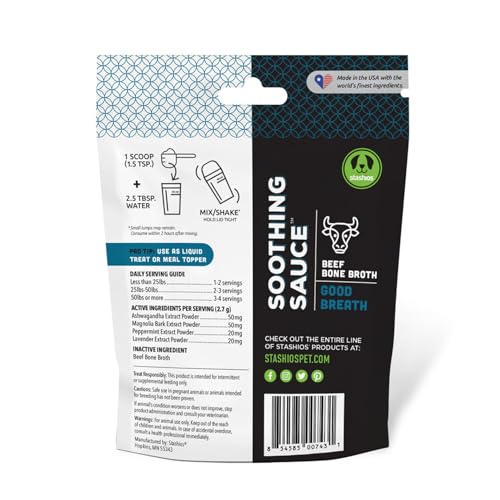 Image of Stashios Soothing Sauce Beef Bone Broth Good Breath Powder Supplement for Dogs, All Natural Anxiety Relief, Made in The USA, 3 oz