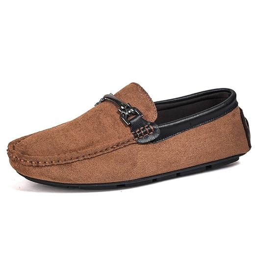 Mocassins masculinos de camurça, mocassins de condução com detalhes de costura, salto plano resistente ao deslizamento, flexível e confortável, moda para casamento (Color : Brown, Size : 43 EU)