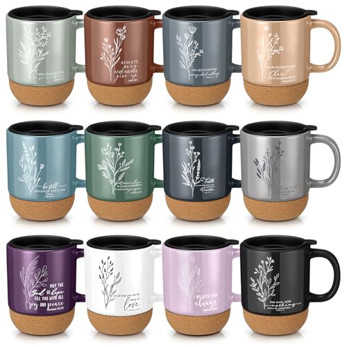 FillTouch 12 Pcs Christian Coffee Mugs 15 oz Religious Cup Cork Bottom Coffee Mug with Verse Inspirational Gifts for Women Men Mother Father Teacher Friends Easter Holiday Gift(Boho,Flower)