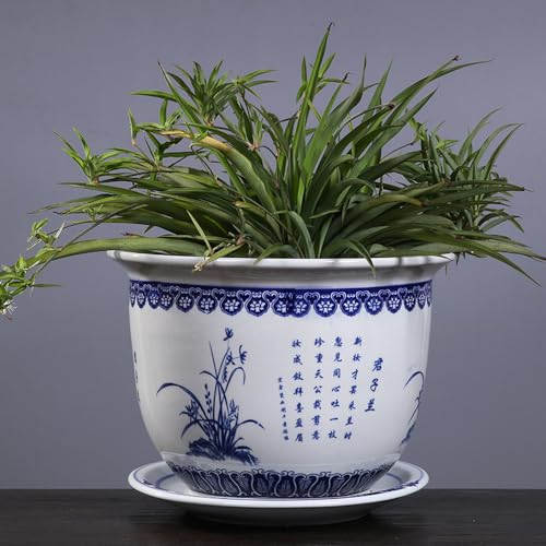 青と白の磁器植木鉢 シノワズリ 景徳鎮 ホームガーデンプランターパターン 植木鉢 排水穴付き 屋内屋外ガーデニング植物用 E-17*12cm