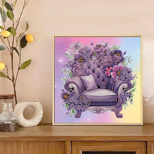 Image of AiYuanzsh Purple Floral Sofa Diamond Art Kits for Adults, 5D Special Shape Crystal Rhinestone Diamond Painting, DIY Diamond Art Kits for Beginners, Home Wall Decoration Gift, 12x12 Inch