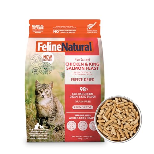Feline Natural Freeze Dried Cat Food - Grain-Free and High Protein Cat Food from New Zealand Complete Meal or Topper for Kittens Adults and Senior Cats Chicken and King Salmon 11oz