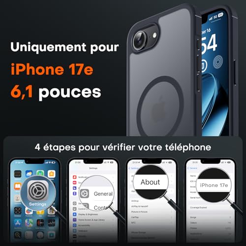 TOCOL Coque Magnétique pour iPhone 17e 6,1 Pouces, Compatible avec MagSafe, Coque Mat Translucide Fine Antichoc, Coque pour iPhone 17 e, Noir