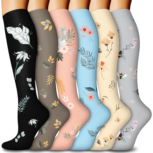 Image of 6 Pairs Compression Socks for Women & Men 15-20mmHg Graduated Support Knee High Socks for Nurses, Travel, Athletic
