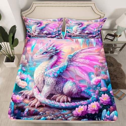 Crystal Caves - Sábana bajera de tamaño doble, juego de sábanas de animales silvestres en acuarela (sin sábana superior), juego de ropa de cama con flores y animales 3D (1 sábana bajera + 2 fundas de