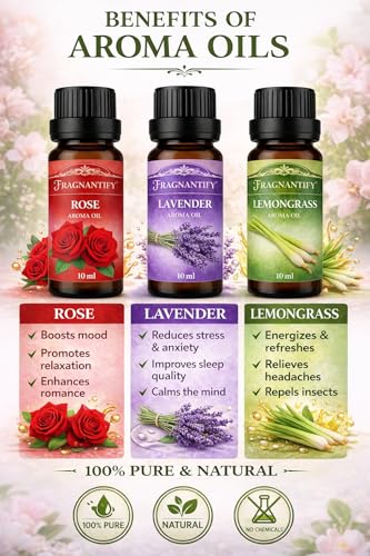 Image of Aroma Diffuser Oil Set, Essential Oils for Home Fragrance, Rose, Lavender, Lemongrass, Jasmine, Mogra & Sandalwood, 6 Bottles, 10ml Each, for Diffuser, Spa & Meditation