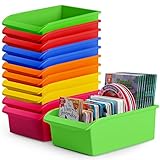 Zilpoo 12 Pack - Large Plastic Book Bins for Classroom with Pull Out Wheels. Library Shelf Storage Organizer Boxes, Bulk Teacher Supplies Toy Baskets, Colored