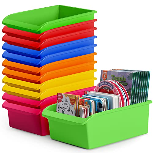 Zilpoo 12 Pack - Large Plastic Book Bins for Classroom with Pull Out Wheels. Library Shelf Storage Organizer Boxes, Bulk Teacher Supplies Toy Baskets, Colored