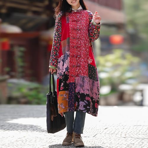 Women’s Flower Patchwork Coat Cotton Linen Trench Coat Women Jacket Vintage Boho Long Overcoat with Pockets2