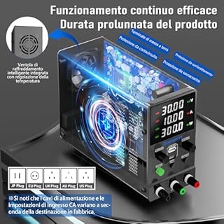 Alimentatore CC variabile, alimentatore da banco regolabile a commutazione 0-30V 0-10A con ricarica rapida USB e Type-C da 20W, manopola encoder, interruttore di uscita,display LED a 4 cifre SPS-3010M