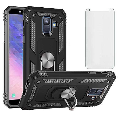 Image of Phone Case for Samsung Galaxy A6 Cover with Tempered Glass Screen Protector Stand Ring Holder Shockproof Silicone Heavy Duty Accessories Magnetic Metal Hard Glaxay A 6 2018 SM-A600FN Girls Black