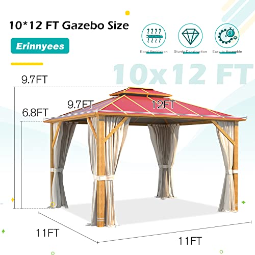 Erinnyees 10' X 12' Wood Grain Hardtop Gazebo, Outdoor Aluminum Composite Double Roof With Privacy Curtain And Mosquito Net For Patio, Lawn, Garden, Deck(Wood Looking, Wine Red) #TOP5