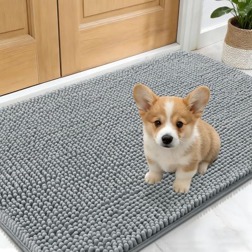 OLANLY Dog Door Mat for Muddy Paws 24x16, Absorbs Moisture and Dirt, Absorbent Non-Slip Washable Doormat, Quick Dry Chenille Mud Mat for Dogs, Entry Indoor Entryway Carpet for Inside Floor, Grey