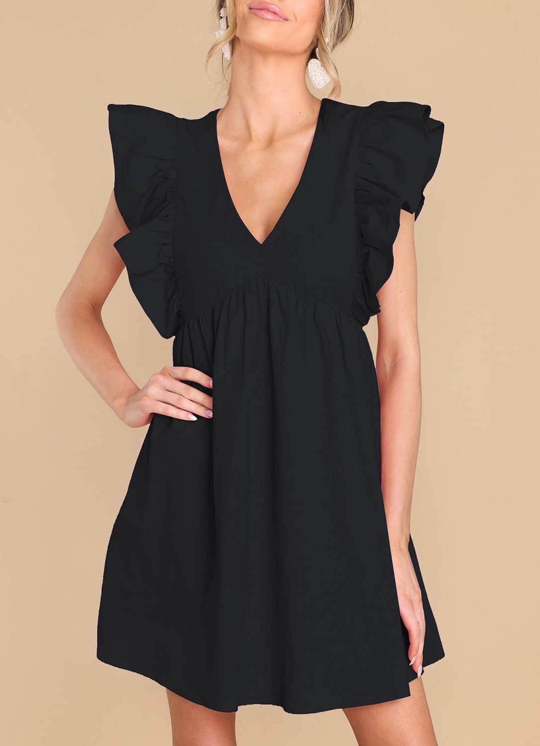 FANCYINN Women's Summer Casual Babydoll Mini Dress Ruffle Sleeveless Deep V Neck Pleated Swing Flowy Tunic Dress - Image 5