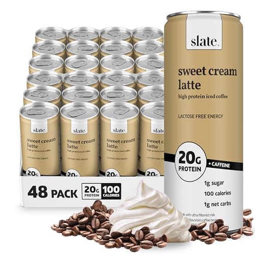 Image of Slate Milk - High Protein Iced Coffee - Sweet Cream Latte - 175mg Caffeine, Lactose Free Energy - 20g Protein, 1g Sugar, 100 Calories, 1g Net Carbs, No Sugar Added - Protein Coffee - 11 fl oz, 48 Cans