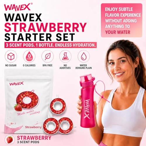 Image of WaveX Scented Water Bottle with 3 Strawberry Scent Pods, BPA Free, Flip Top Lid, Straw & Carry Strap Included, Enhance Hydration with Subtle Aroma Experience, No Sugar or Calories (Wild Berry Pink)
