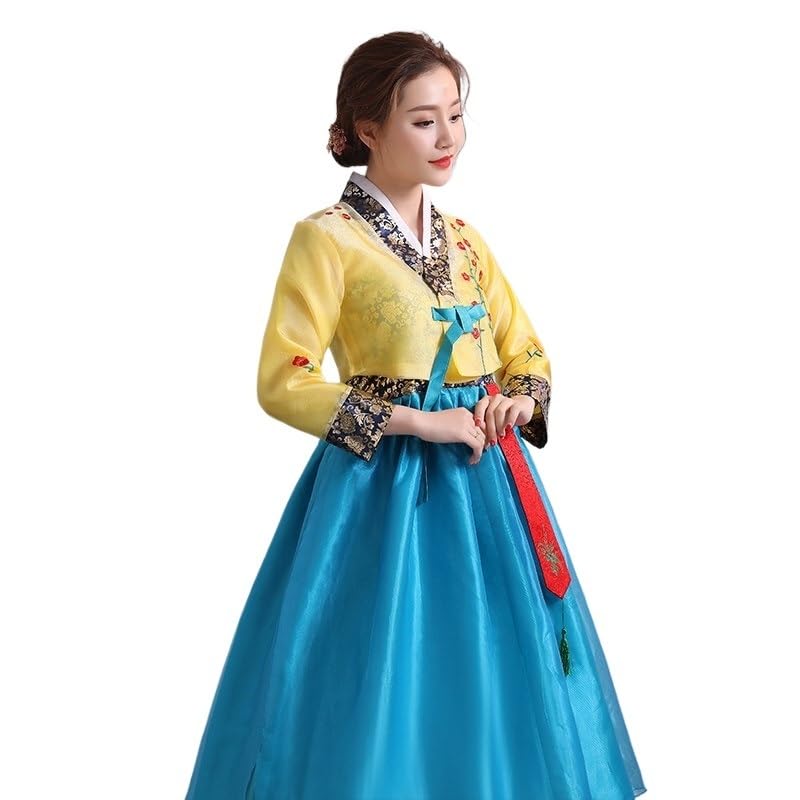 HIMKSRE Hanbok for Women Korean Traditional Costume Minority Palace Performance Court Clothes Flower New Year Wedding Party Dance Dress(Yellow,XXL)