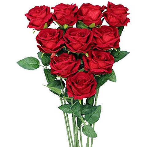 Omygarden 10pcs Red Silk Flowers Bouquets, Artificial Rose, Bridal Bouquets, Wedding Party Home Office Garden Decoration Cover