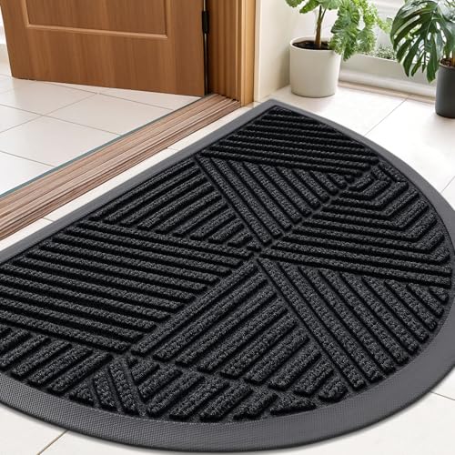 Image of Smiry Half Circle Front Door Mat Outside Entrance, Heavy Duty Sturdy Natural Rubber Doormat, Trap Dirt and Moisture, Low Profile Mats for Indoor Outdoor Entry, Irregular Triangle (35x23, Black)