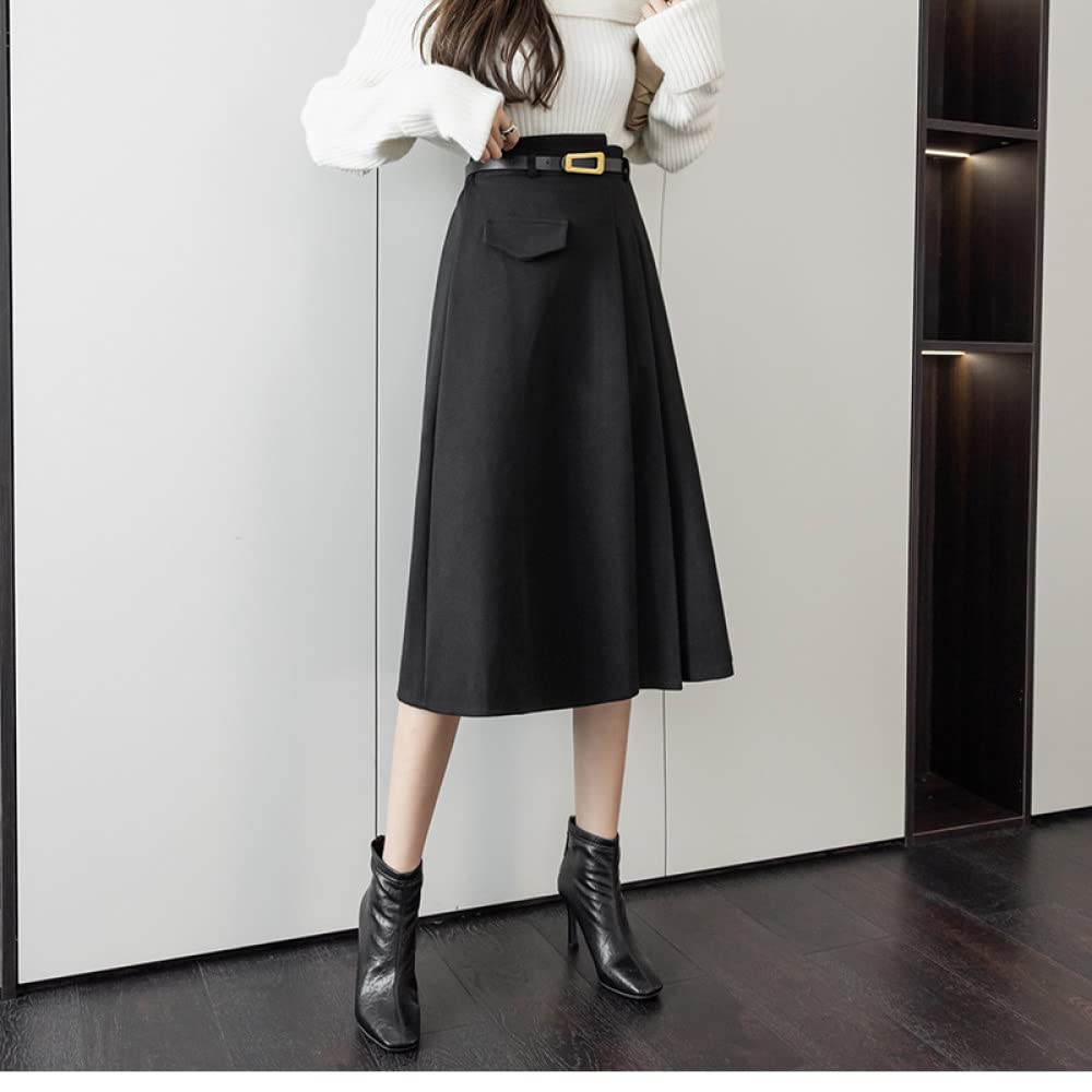 Gonne Invernali Donna, Gonne Invernali Nere Spesse con Cintura Gonna A Vita Alta Elasticizzata A Trapezio Gonne Midi Casual per Donna Elegante Gonna Ampia A Balze A Pendolo