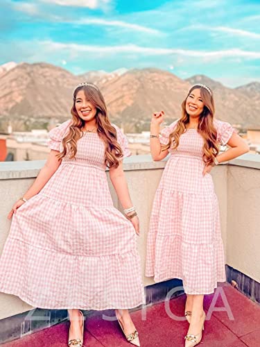 Zesica Women's 2023 Bohemian Summer Plaid Square Neck Puff Sleeve Ruffle Flowy Beach Midi Dress,Pink,Medium #TOP6