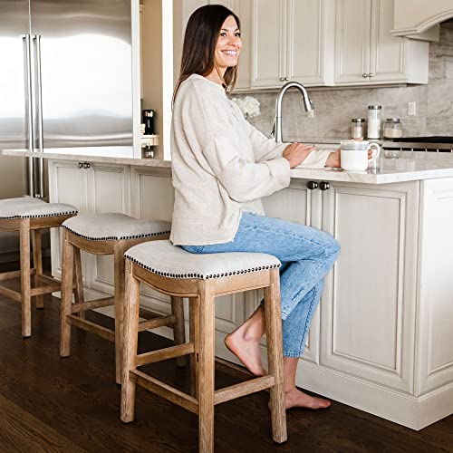 Maven Lane Adrien Kitchen Saddle Backless Bar Stool With Nailhead Trim, Weathered Oak, 26" Counter Height #TOP4