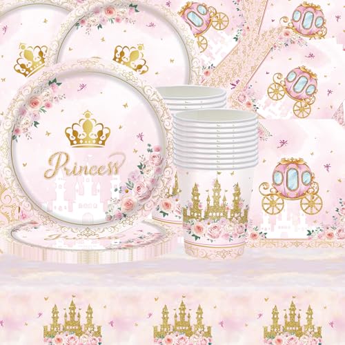 Lot de 61 pièces de vaisselle de fête sur le thème du château de princesse, décoration rose, décoration de fête d'anniversaire, table de dîner, porte-papier, serviettes à main, carton, pour 20 invités