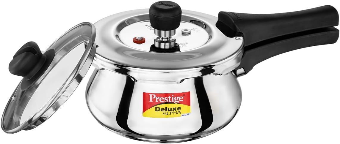 Prestige Deluxe Alpha Svachh Stainless Steel Outer Lid Pressure Cooker 1.5L with Glass Lid (With Deep Lid For Spillage Control)