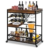 haiorjun Vintage Bar Cart with Removable Tray and Wheels, Mobile Home Bar Serving Cart with Wine Rack, Glass Holder and Storage Shelves, 3-Tier Rolling Beverage Cart for Home or Patio