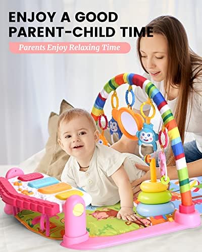 Baby Play Mat, BJIP Baby Play Gym Activity Mat with Sensory Newborn Baby Toys and Infant Piano, Kick and Play Toddler Boys and Girls Baby GiftAge 3 6 12 Months,Pink