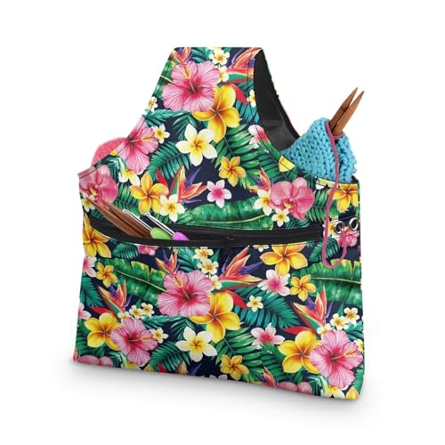 Image of ZUXONGSY Tropical Flower Yarn Bags for Knitting Hibiscus Plumeria Flower Yarn Storage Organizer for Crochet Portable Knitting Project Bag