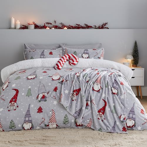 Catherine Lansfield Christmas Festive Gnomes Cosy Fleece King Duvet Cover Set with Pillowcases Grey