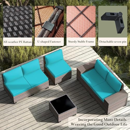 Image of 12 PCS Outdoor Patio Furniture Set,Outdoor Sectional Furniture All Weather PE Rattan Wicker Patio Conversation Set with 2 Coffee Tables and 10 Thickened Cushions,Turquoise Blue