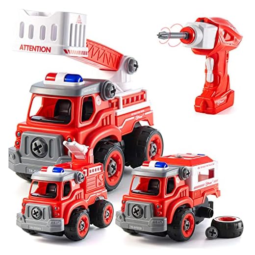 Top Race Firetruck Toy with Battery Powered Drill – Heavy Duty 3-in-1 Take Apart Truck and Remote Control – Easy to Assemble Toy Firetrucks for Kids (Ages 3 and Older)