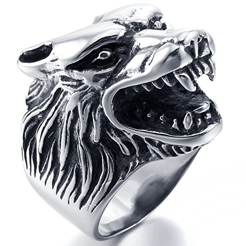 MENDINO Jewelry #8 Men's Vintage Stainless Steel Ring Wolf Head Gothic Biker Silver with a Velvet Bag