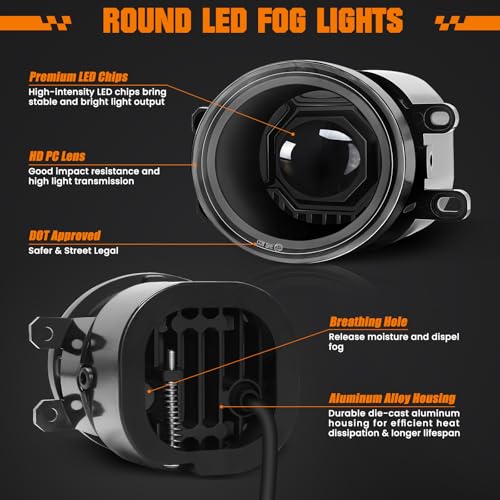 Image of Round LED Fog Lights Assembly for 2016-2023 Toyota Tacoma, 2014-2023 4Runner, 2014-2019 Tundra, 2007-2014 Camry, 2006-2012 RAV4, 2006-2013 Yaris, 2008-2013 Lexus IS-F, Front Bumper Driving Lamp