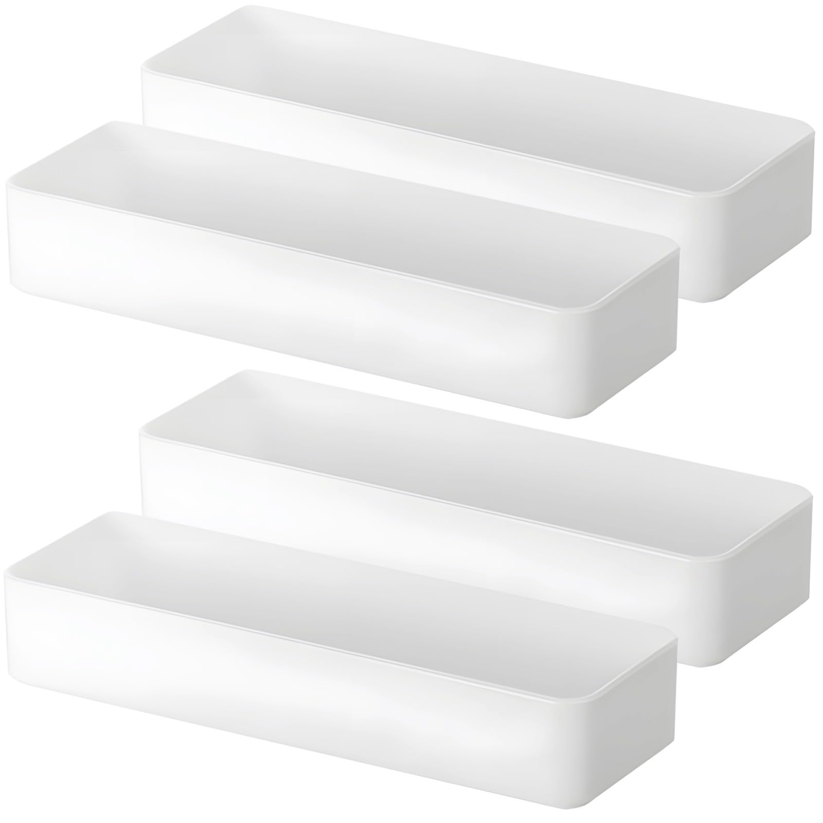 Juego de 4 bandejas de almacenamiento de plástico blanco, organizador de cajones apilables para cocina, oficina, cosméticos